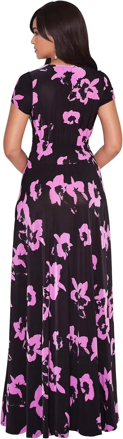 KOH KOH Womens Short Cap Sleeves Abstract Flower Print Long Maxi Dress Gown