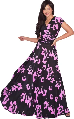 KOH KOH Womens Short Cap Sleeves Abstract Flower Print Long Maxi Dress Gown