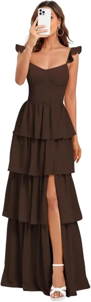 Kyeuan Tiered Ruffle Chiffon Bridesmaid Dresses Long Spaghetti Strap Side Slit Formal Evening Dresses for Women Wedding Guest