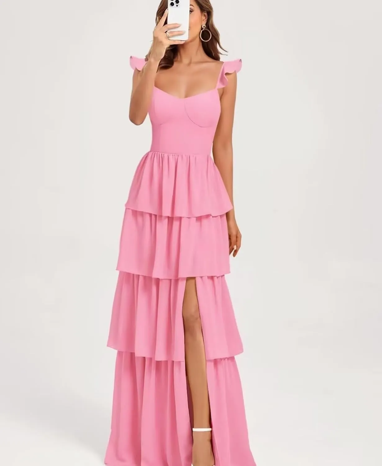 Kyeuan Tiered Ruffle Chiffon Bridesmaid Dresses Long Spaghetti Strap Side Slit Formal Evening Dresses for Women Wedding Guest