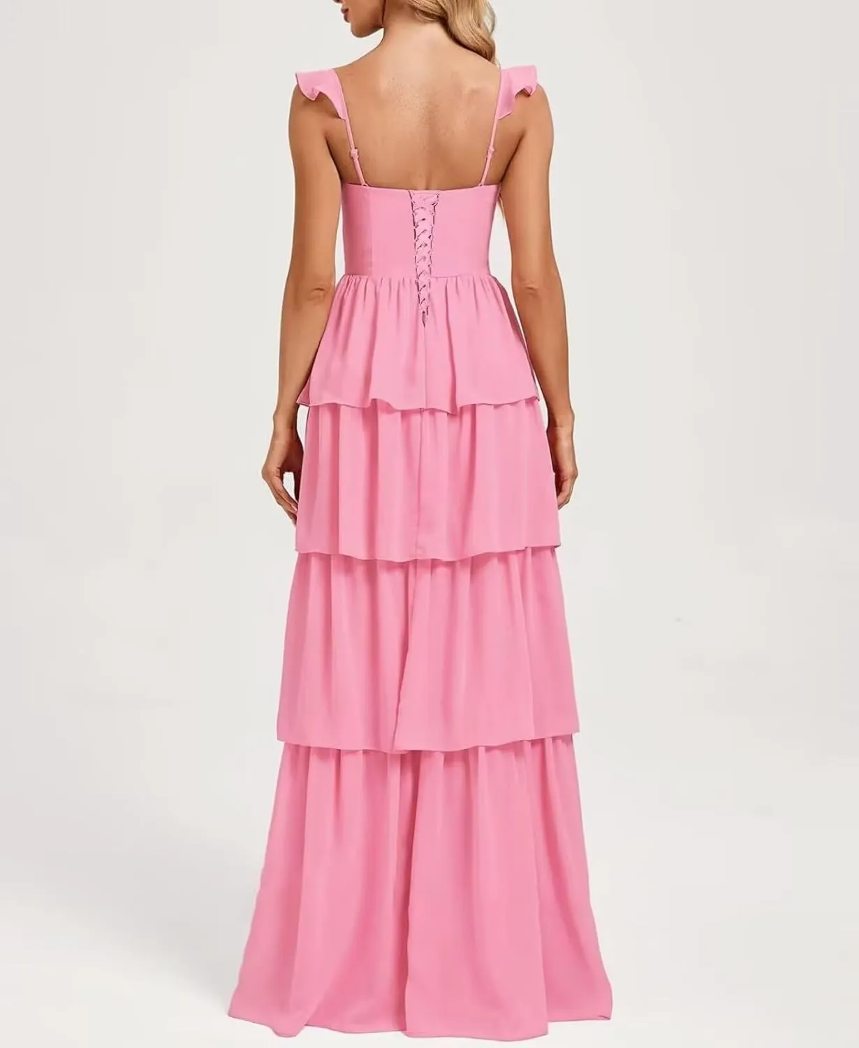 Kyeuan Tiered Ruffle Chiffon Bridesmaid Dresses Long Spaghetti Strap Side Slit Formal Evening Dresses for Women Wedding Guest