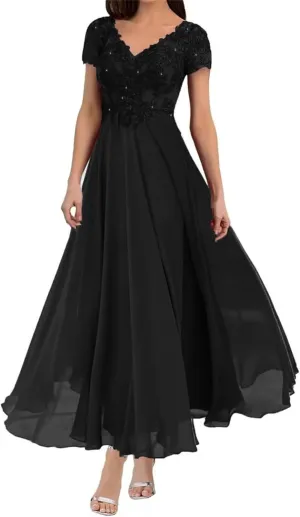 Lace Mother of The Bride Dresses for Wedding Tea Length Short Sleeve Chiffon Formal Evening Dress for Women