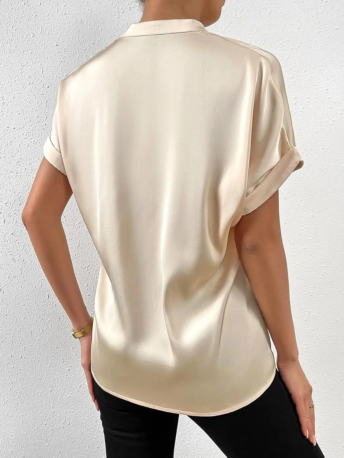 Maysoar Satin Blouses for Women Button Down Silk Shirts Batwing Sleeve Top Elegant Summer Office Work Shirt