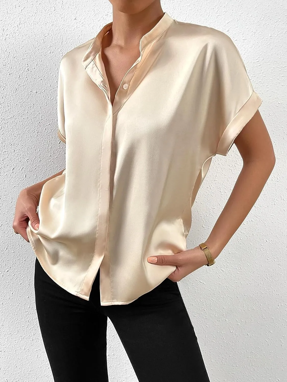 Maysoar Satin Blouses for Women Button Down Silk Shirts Batwing Sleeve Top Elegant Summer Office Work Shirt