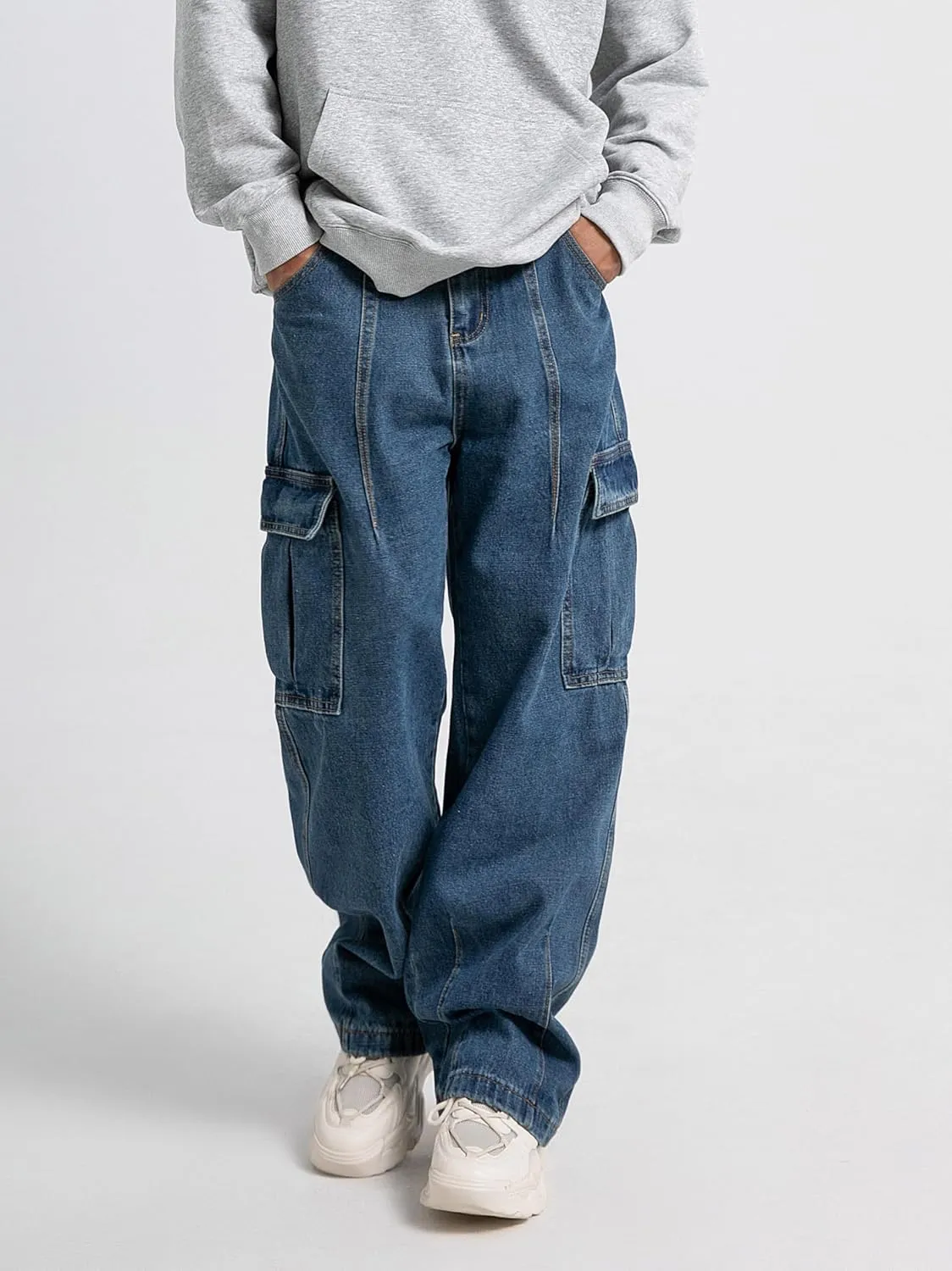 Mens Baggy Jeans for Men Women Y2k Skater Vintage Plain Pants Multiple Pockets Casual Wide Leg Loose Fit Cargo Denim Jeans