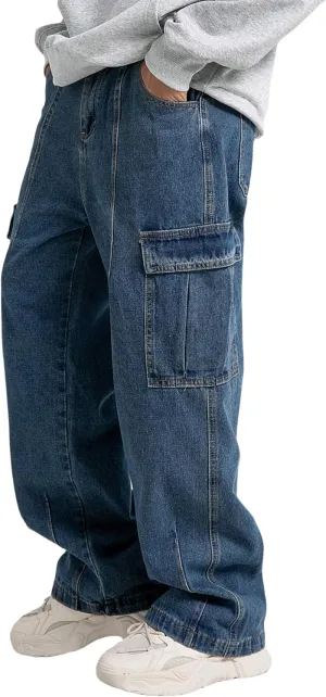 Mens Baggy Jeans for Men Women Y2k Skater Vintage Plain Pants Multiple Pockets Casual Wide Leg Loose Fit Cargo Denim Jeans