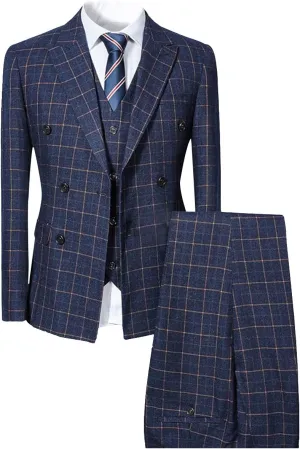 Mens Blue Slim Fit 3 Piece Checked Suits Double Breasted Vintage Fashion
