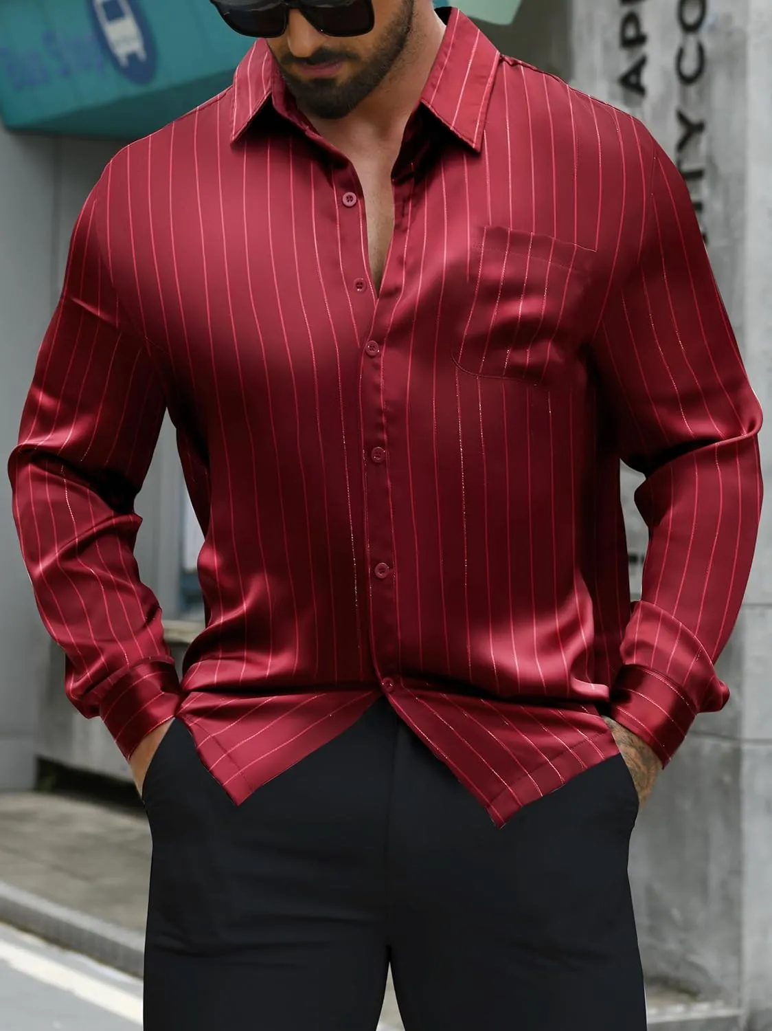 Men's Luxury Satin Silk Shiny Lurex Dress Shirt Button Up Long Sleeve Wedding Party Casual ShirtsS-2XL