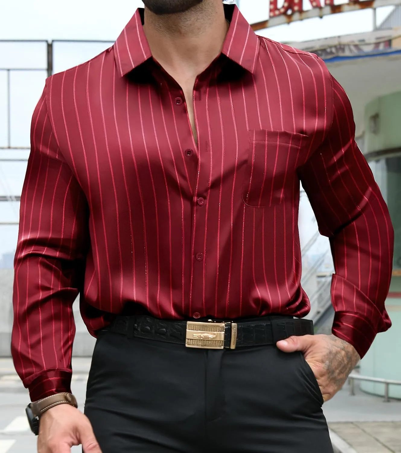 Men's Luxury Satin Silk Shiny Lurex Dress Shirt Button Up Long Sleeve Wedding Party Casual ShirtsS-2XL