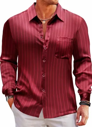 Men's Luxury Satin Silk Shiny Lurex Dress Shirt Button Up Long Sleeve Wedding Party Casual ShirtsS-2XL
