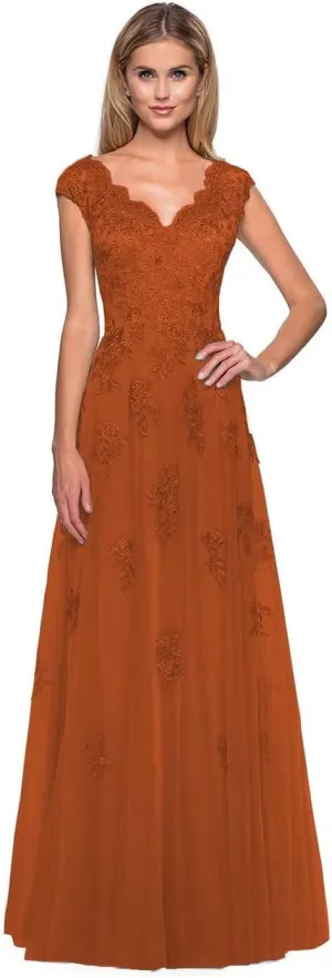 Mother of The Bride Dresses Cap Sleeve V-Neck Long Tulle Formal Evening Gowns for Women with Pockets