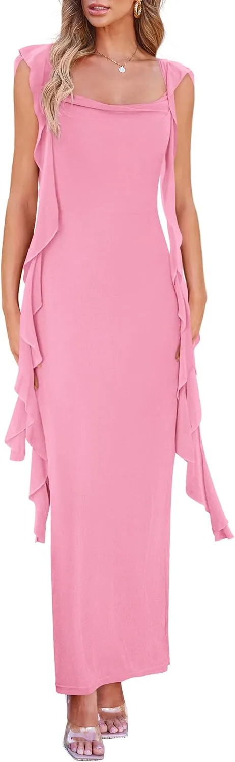 PRETTYGARDEN Women's 2025 Summer Wedding Guest Dress Sleeveless Ruffle Formal Cocktail Party Maxi Bodycon Dresses
