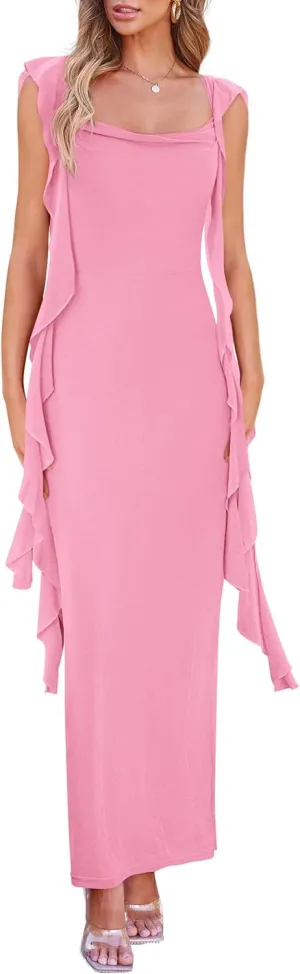 PRETTYGARDEN Women's 2025 Summer Wedding Guest Dress Sleeveless Ruffle Formal Cocktail Party Maxi Bodycon Dresses