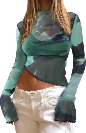 Remidoo Women's Mesh Top Long Sleeve Sheer Asymmetrical Crop Tops Patchwork Shirt Green Red Medium