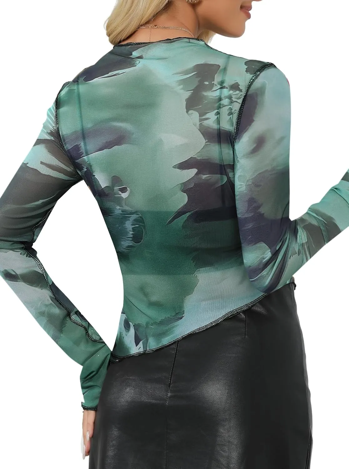 Remidoo Women's Mesh Top Long Sleeve Sheer Asymmetrical Crop Tops Patchwork Shirt Green Red Medium