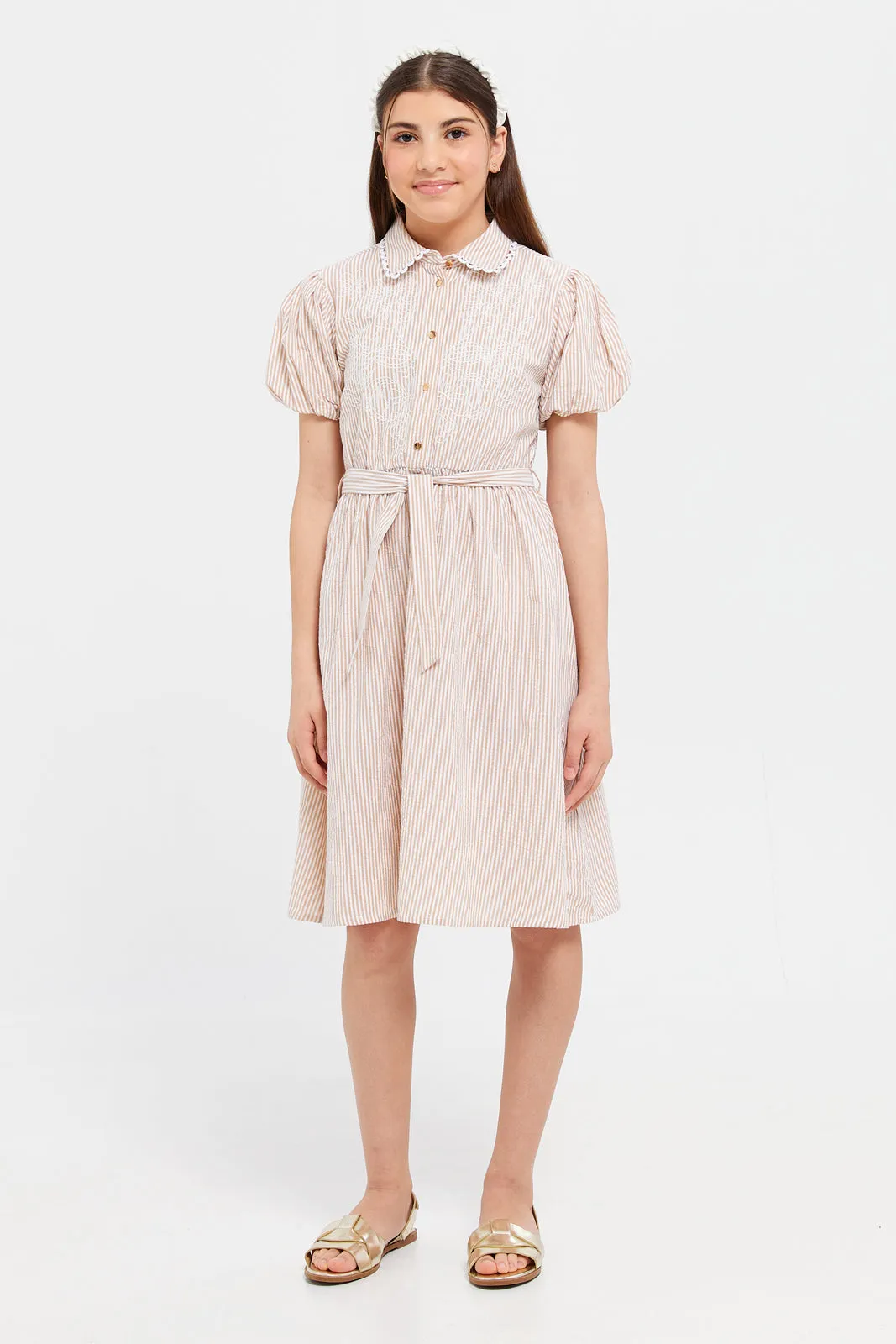 Senior Girls Beige And White Stripe Embroidered Dress