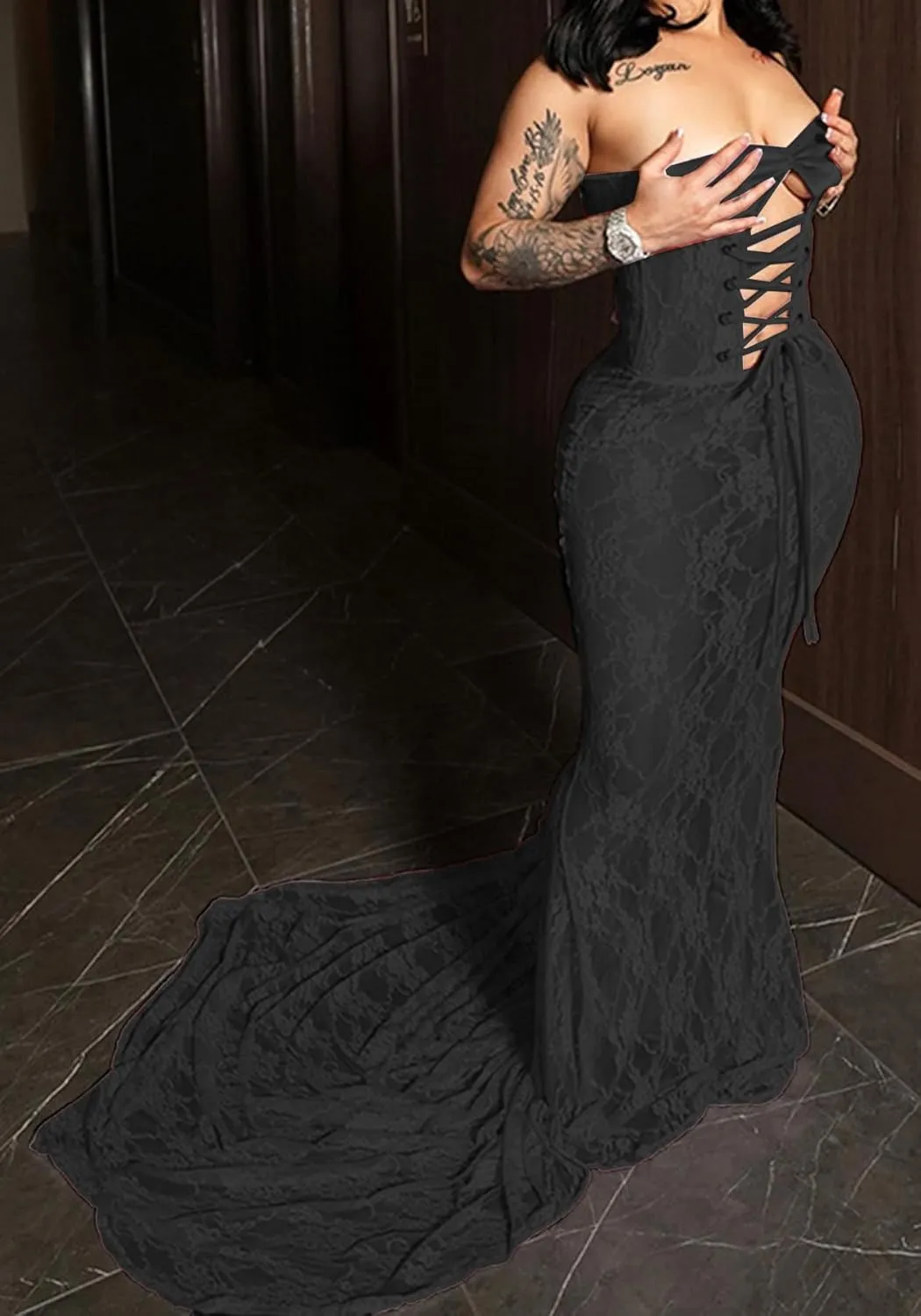 Sexy Strapless Lace Maxi Dress See Through Sleeveless Bodycon Tube Sheer Mermaid Dress Evening Party Gowns Dresses