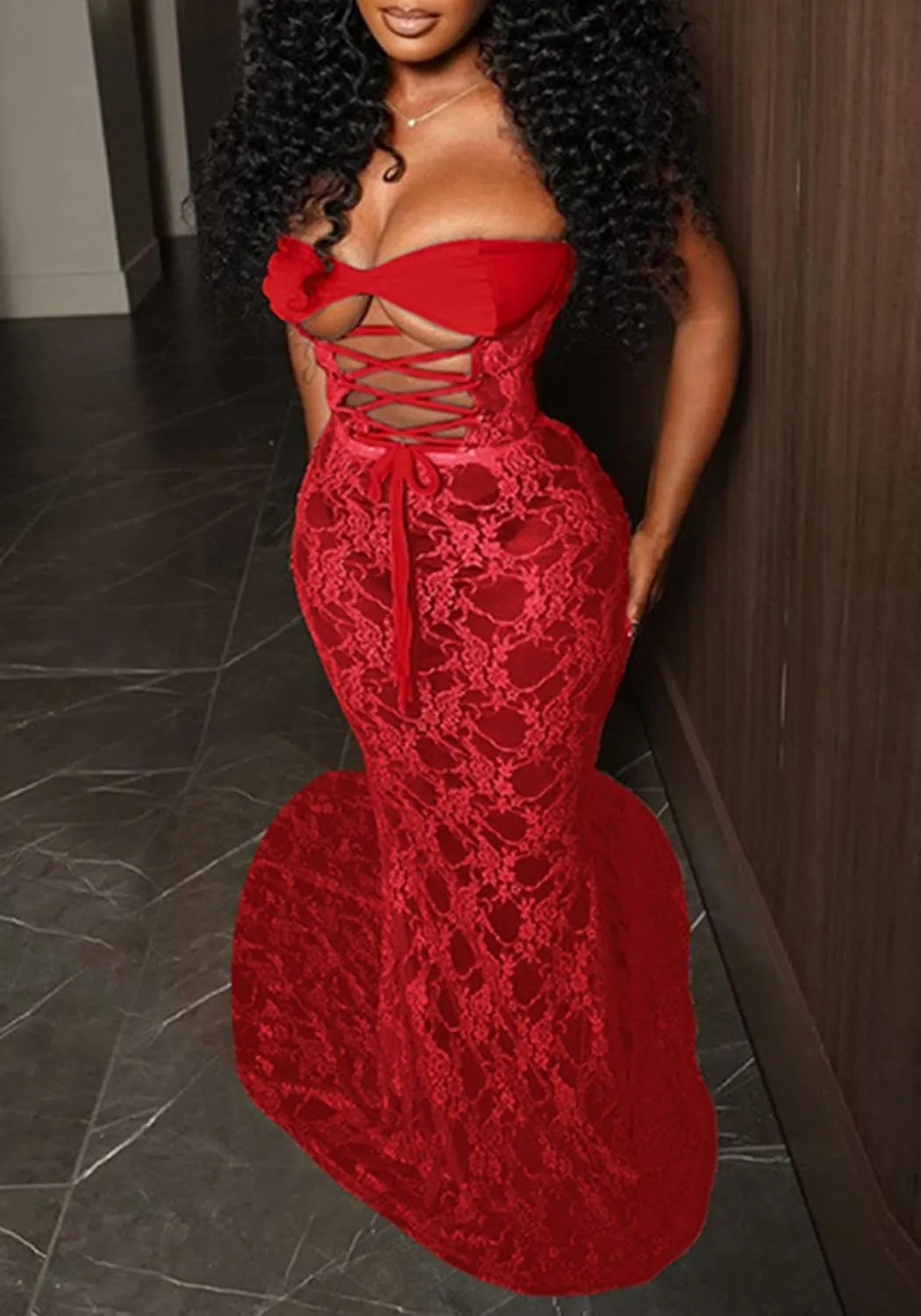 Sexy Strapless Lace Maxi Dress See Through Sleeveless Bodycon Tube Sheer Mermaid Dress Evening Party Gowns Dresses