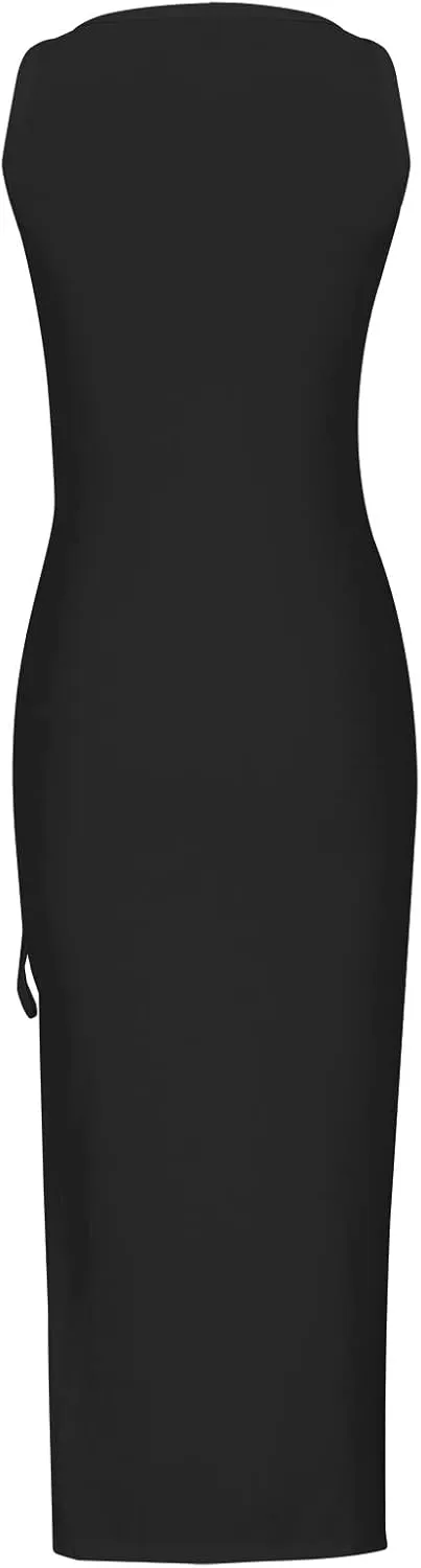 Sexy Sundresses for Women 2024 Summer Solid Maxi Dress Trendy Split Tank Dresses Slim Fit Drawstring Beach Clothes