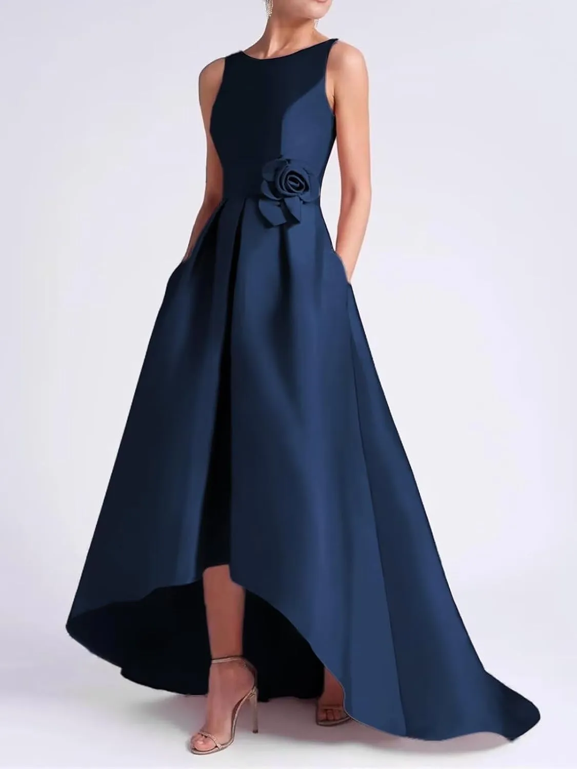 SHANDUAO 3D Flower Satin Mother of The Bride Dresses Hi-Low Formal Gown with Train