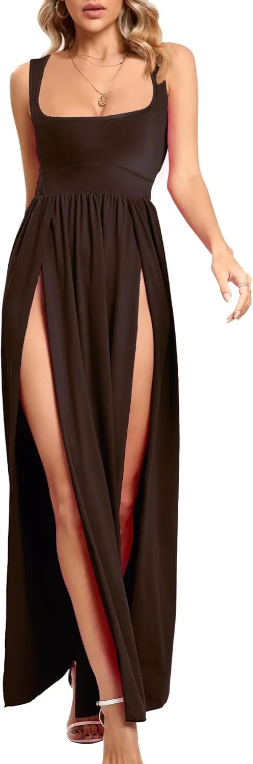 SILUI Women's Square Neck Double High Slit Summer 2025 Sexy Plus Size Sundresses Thigh Split Club Party Maxi Dresses