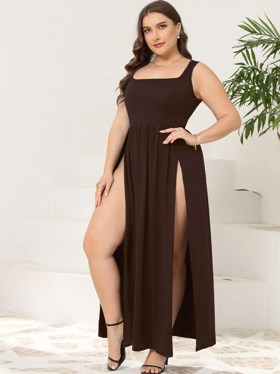 SILUI Women's Square Neck Double High Slit Summer 2025 Sexy Plus Size Sundresses Thigh Split Club Party Maxi Dresses