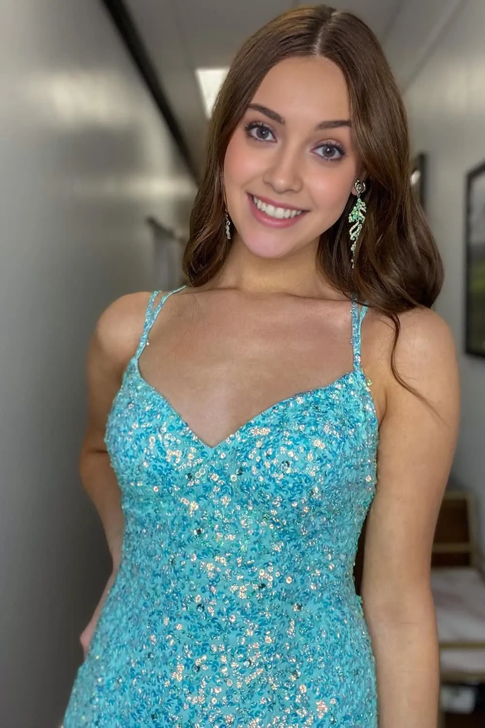 Sparkly Mermaid Sequins Sky Blue Long Prom Dress with Slit