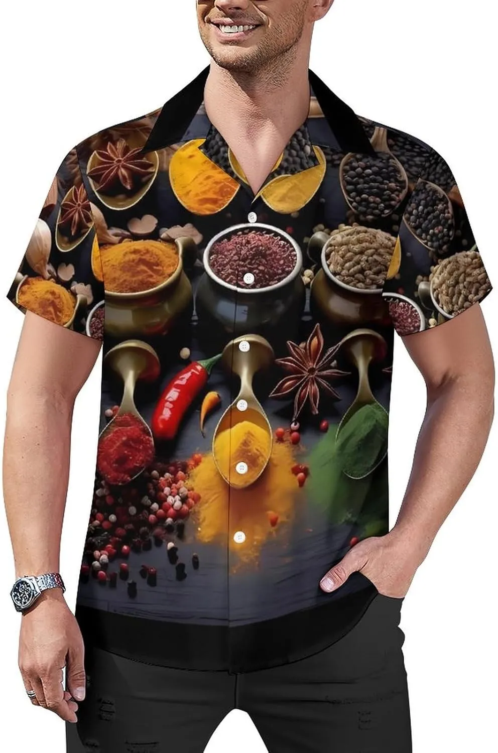 Spices Print Cuban Collar Shirt Classic Design for Comfort and Style