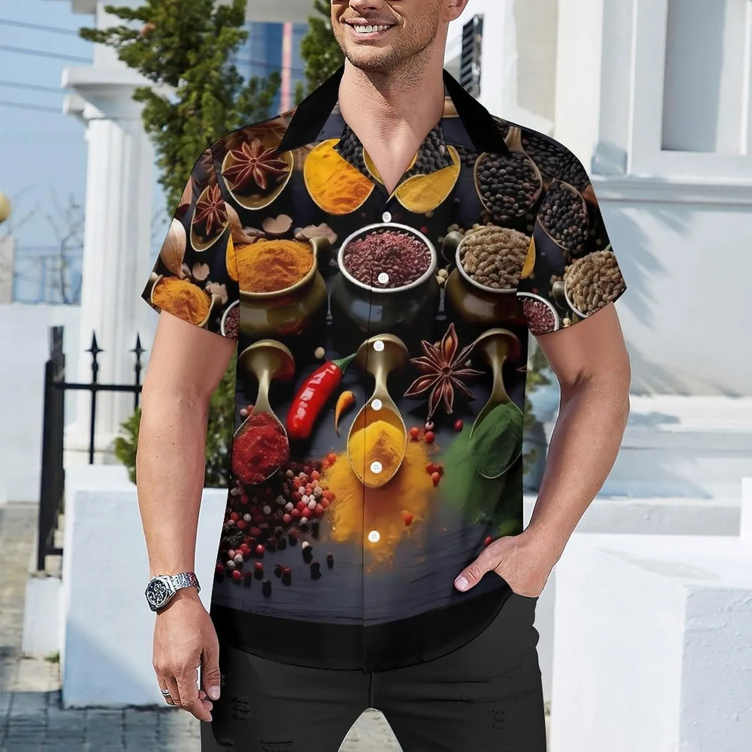Spices Print Cuban Collar Shirt Classic Design for Comfort and Style
