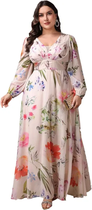 Spring Summer 2024 Plus Size Womens Dresses V Neck Boho Casual Elegant Long Sleeve Floral Print Formal Bridesmaid Maxi Dress
