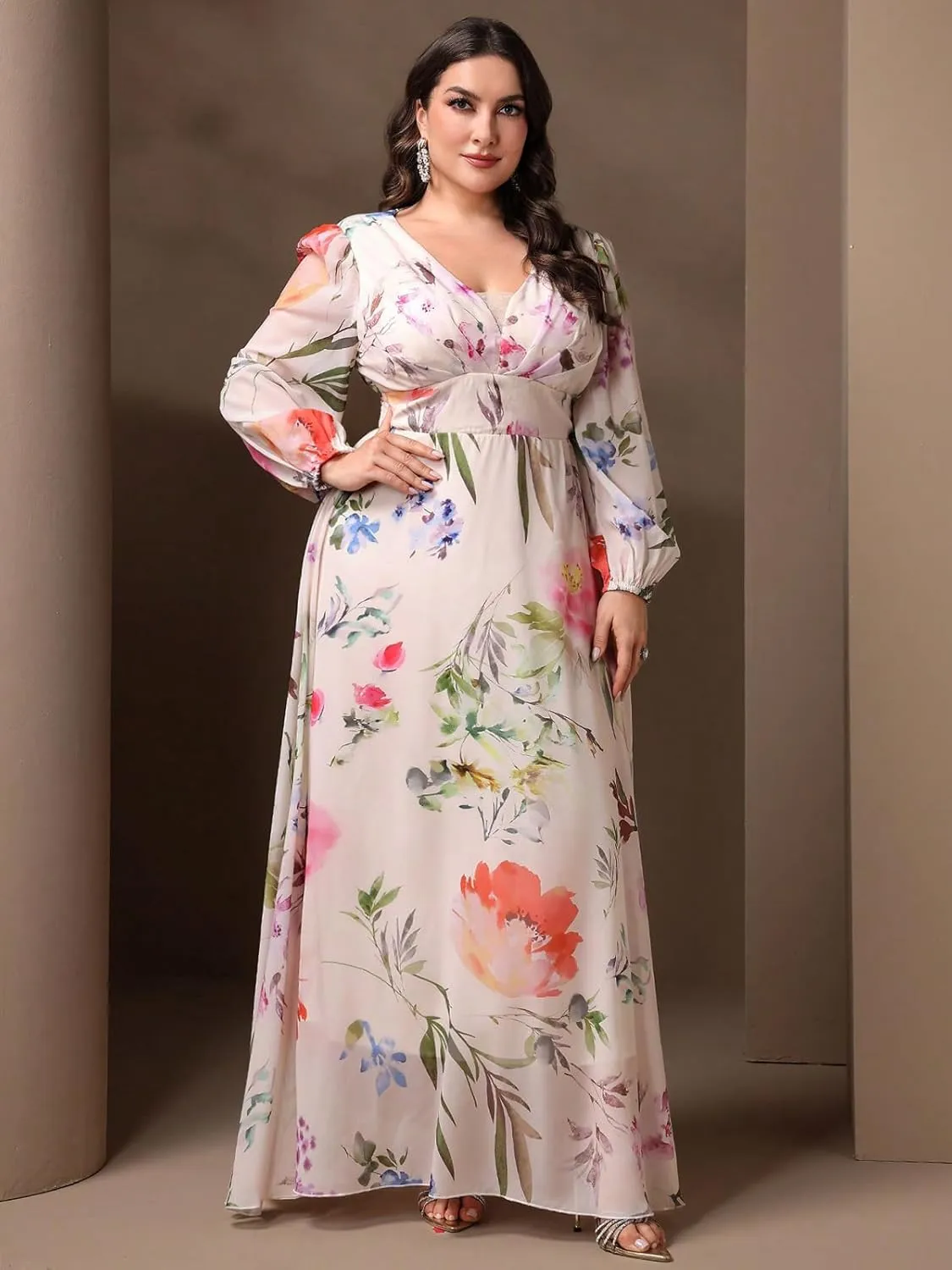 Spring Summer 2024 Plus Size Womens Dresses V Neck Boho Casual Elegant Long Sleeve Floral Print Formal Bridesmaid Maxi Dress