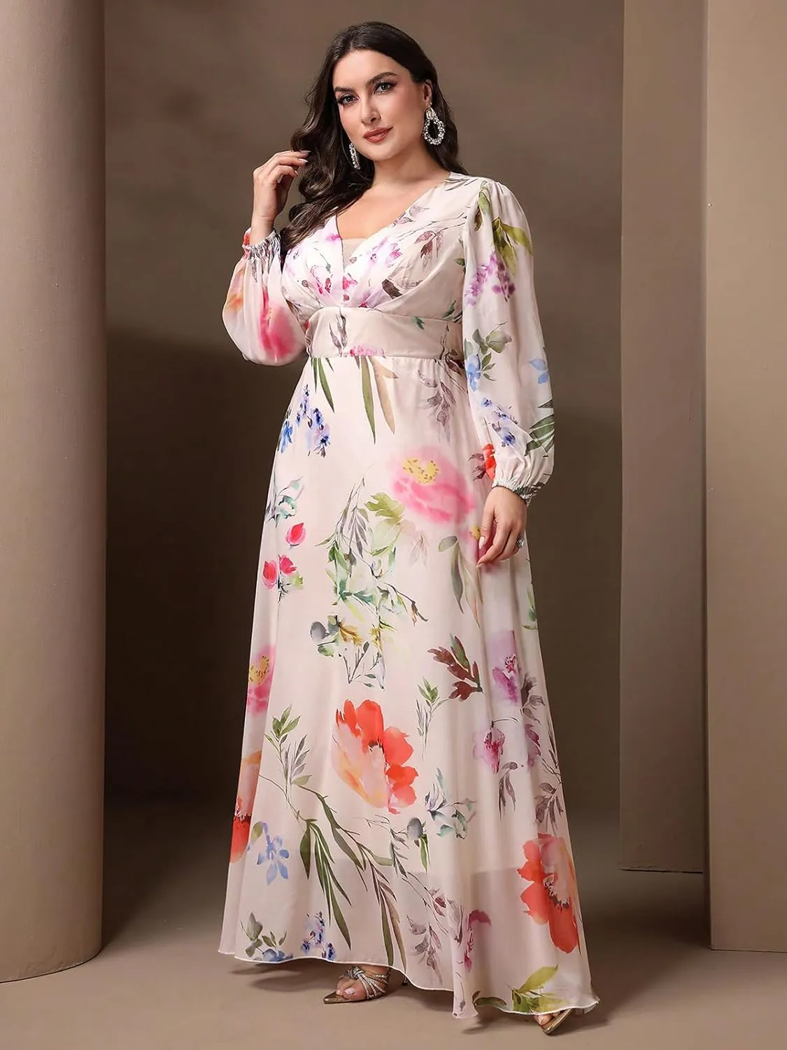 Spring Summer 2024 Plus Size Womens Dresses V Neck Boho Casual Elegant Long Sleeve Floral Print Formal Bridesmaid Maxi Dress
