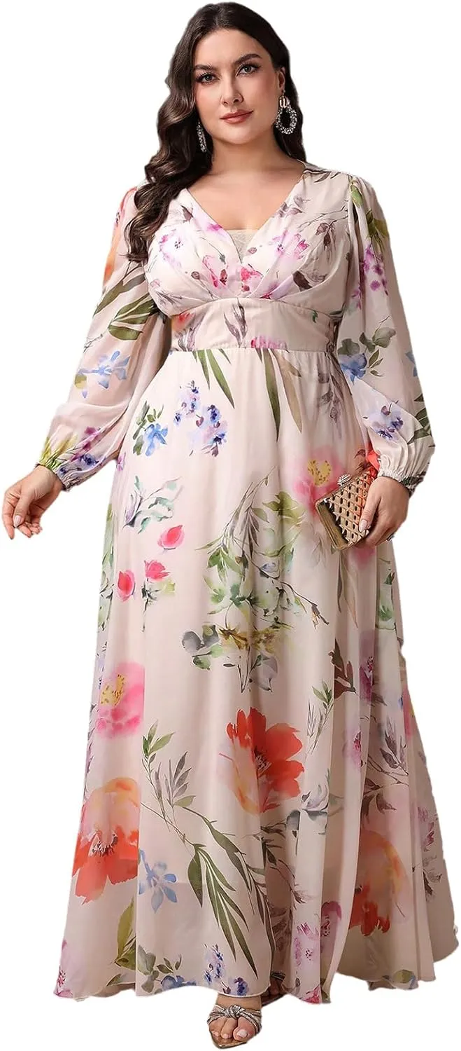 Spring Summer 2024 Plus Size Womens Dresses V Neck Boho Casual Elegant Long Sleeve Floral Print Formal Bridesmaid Maxi Dress