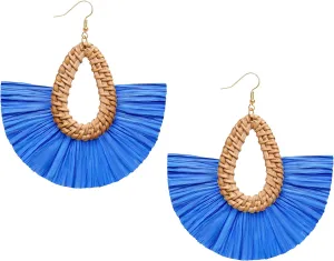 Statement Raffia Tassel Earrings Boho Summer Beach Earrings Lightweight Straw Wicker Dangle Drop Earrings Trendy Rattan Fringe Jewelry for Women