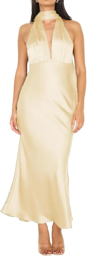 Summer Satin Halter Deep V Neck Backless Maxi Dresses for Women 2025 Silky Sleeveless Open Back Wedding Guest Long Dress