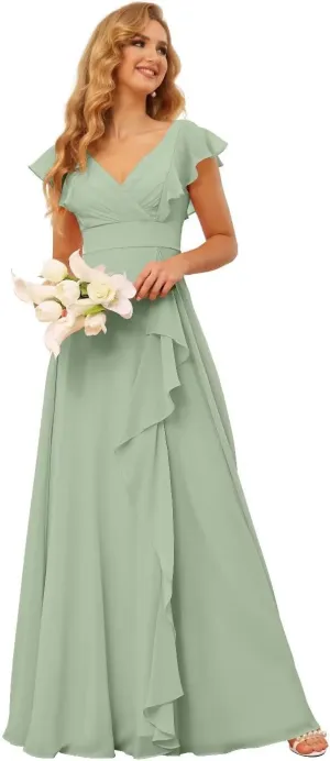 TIRAS Long Bridesmaid Dresses with Slit Short Sleeve V Neck Ruffled Split Long Formal Evening Dress with Pockets CM176