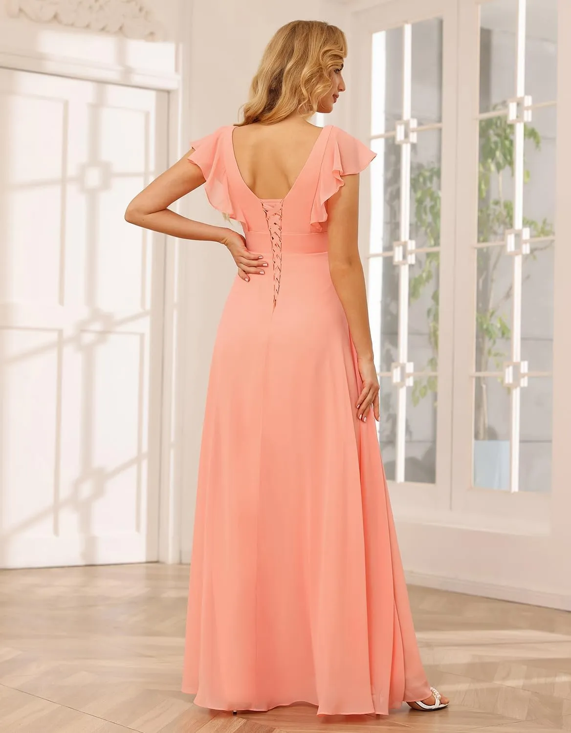 TIRAS Long Bridesmaid Dresses with Slit Short Sleeve V Neck Ruffled Split Long Formal Evening Dress with Pockets CM176
