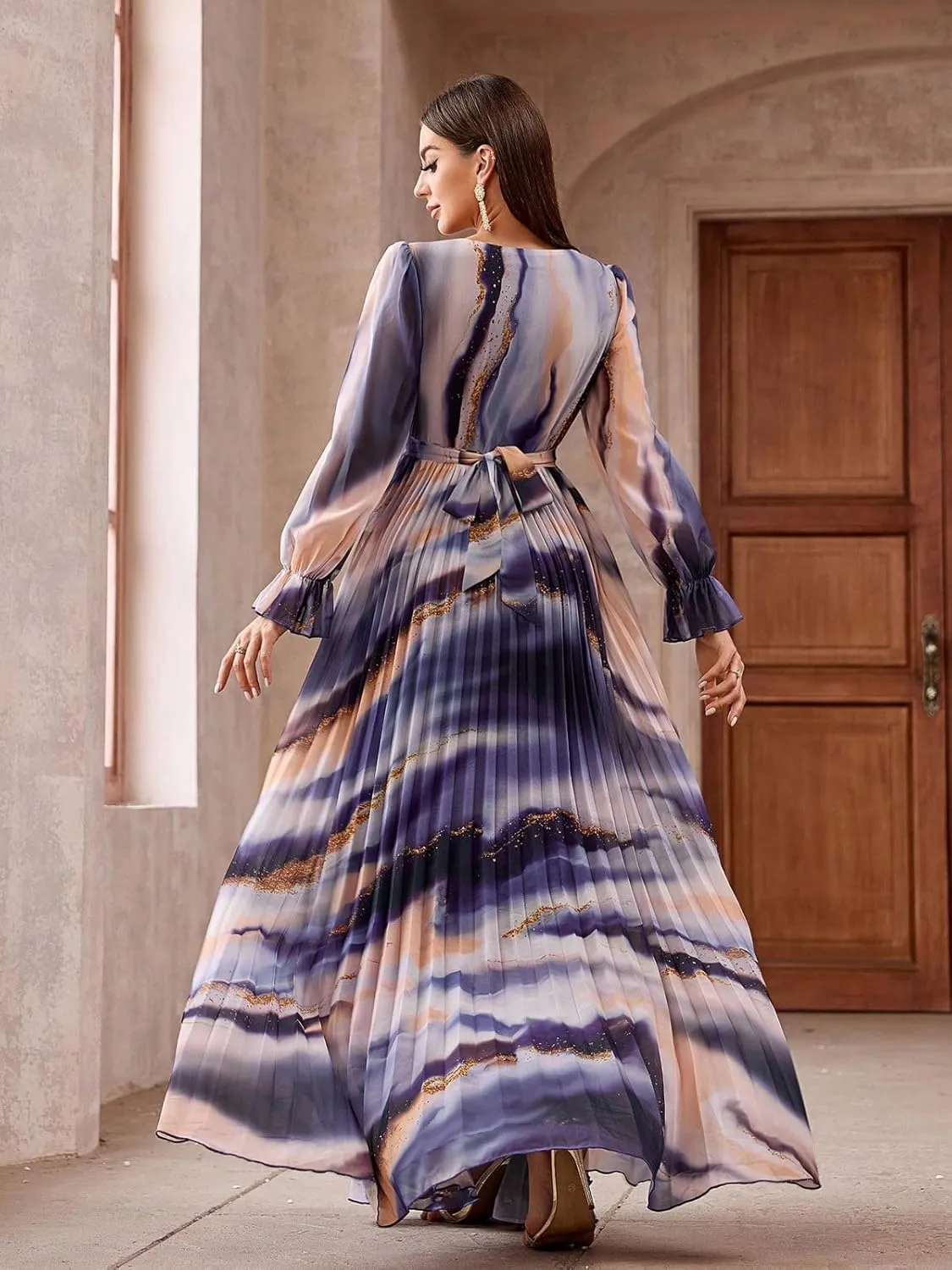 TOLEEN Summer Casual Dresses for Women 2024 Spring Fashion Boho V Neck Long Sleeve Ruffle Floral Print Elegant Maxi Dress