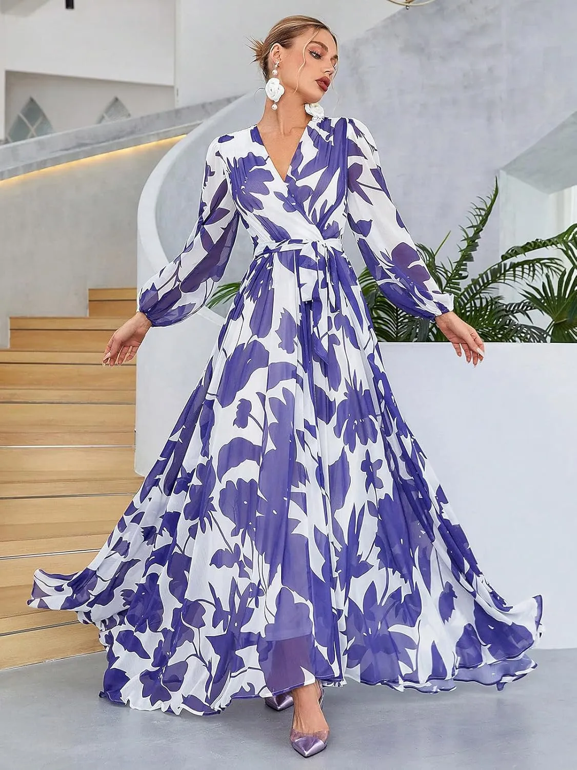 TOLEEN Summer Casual Dresses for Women 2024 Spring Fashion Boho V Neck Long Sleeve Ruffle Floral Print Elegant Maxi Dress