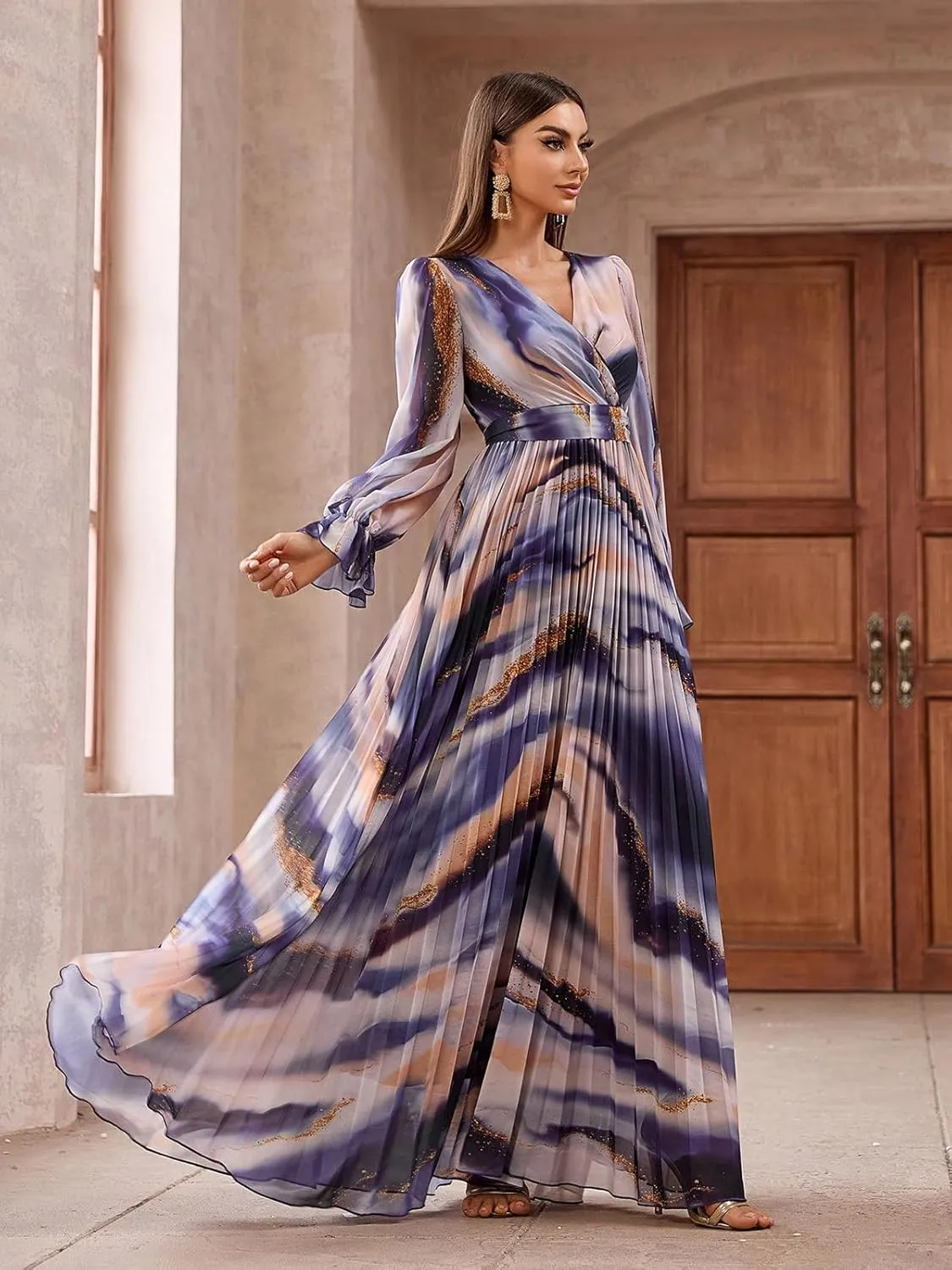 TOLEEN Summer Casual Dresses for Women 2024 Spring Fashion Boho V Neck Long Sleeve Ruffle Floral Print Elegant Maxi Dress