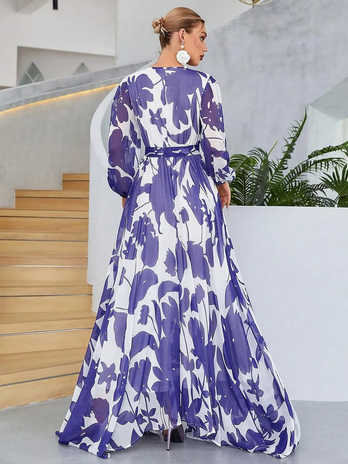 TOLEEN Summer Casual Dresses for Women 2024 Spring Fashion Boho V Neck Long Sleeve Ruffle Floral Print Elegant Maxi Dress