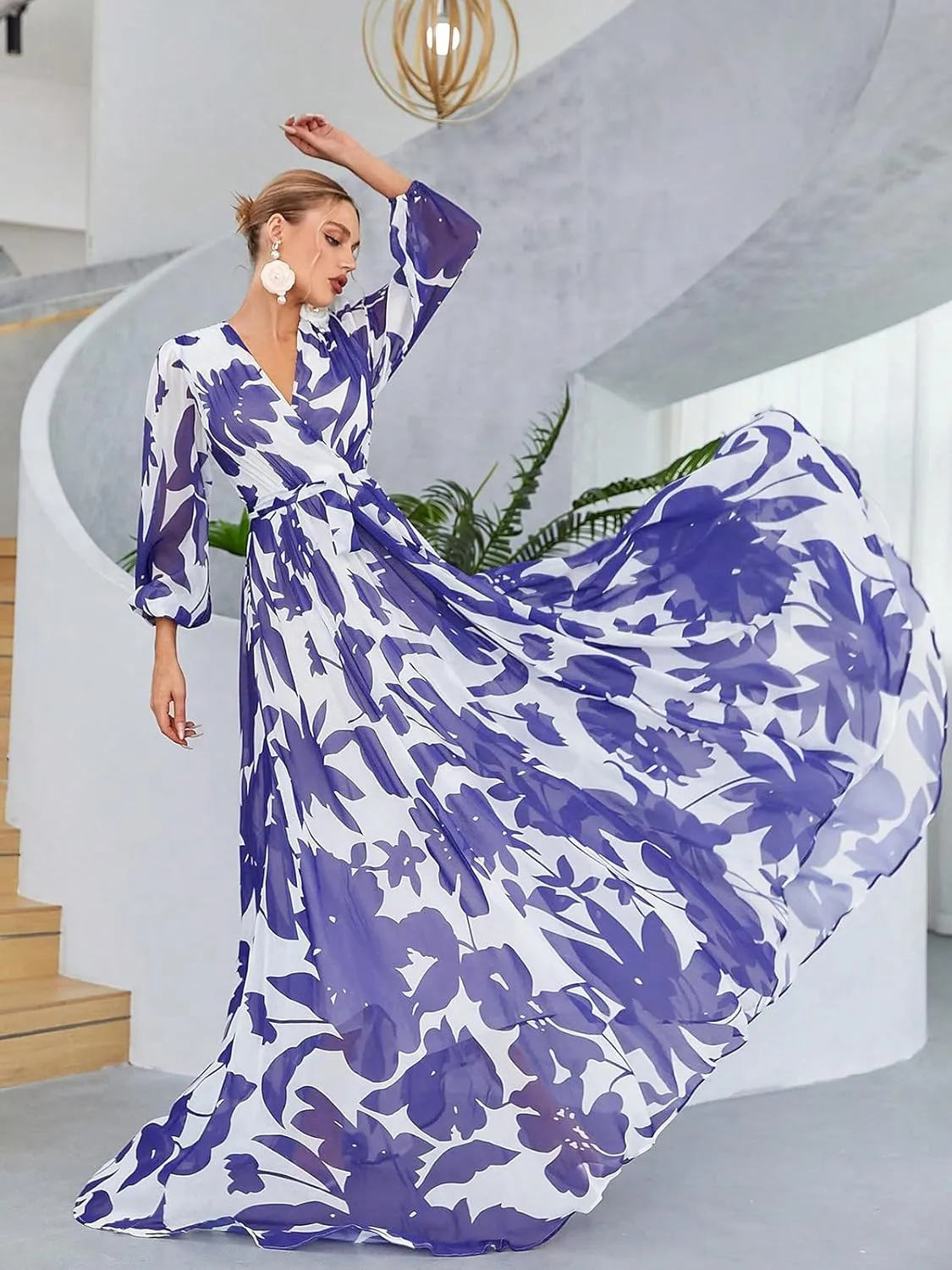 TOLEEN Summer Casual Dresses for Women 2024 Spring Fashion Boho V Neck Long Sleeve Ruffle Floral Print Elegant Maxi Dress