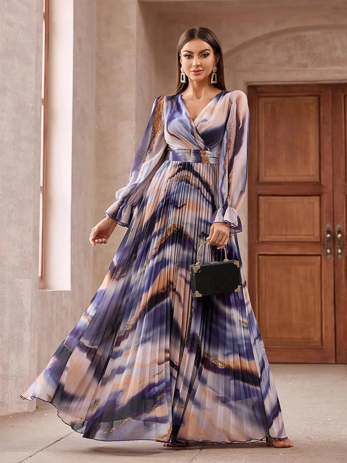 TOLEEN Summer Casual Dresses for Women 2024 Spring Fashion Boho V Neck Long Sleeve Ruffle Floral Print Elegant Maxi Dress