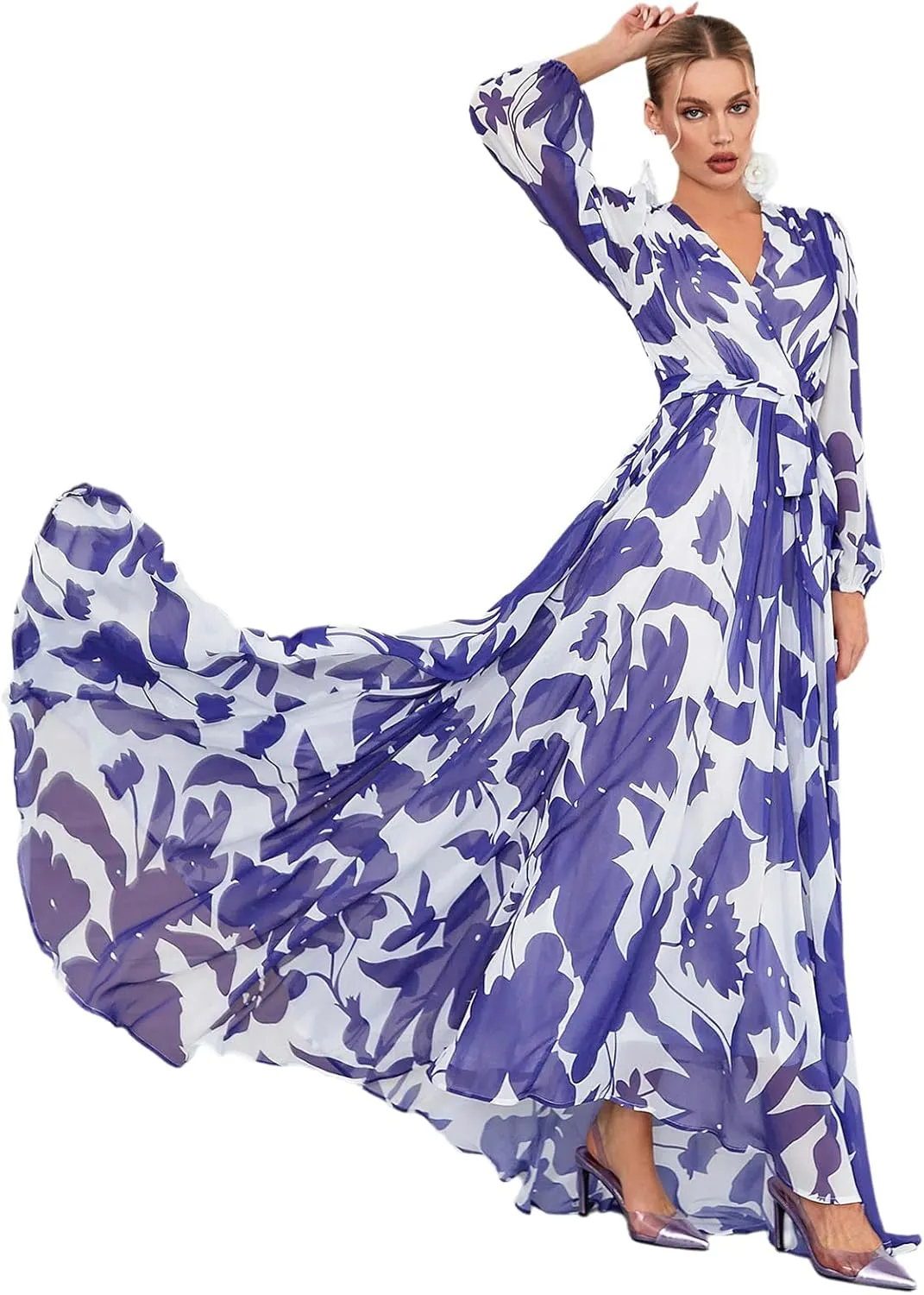 TOLEEN Summer Casual Dresses for Women 2024 Spring Fashion Boho V Neck Long Sleeve Ruffle Floral Print Elegant Maxi Dress
