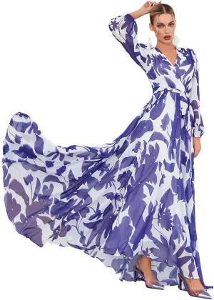 TOLEEN Summer Casual Dresses for Women 2024 Spring Fashion Boho V Neck Long Sleeve Ruffle Floral Print Elegant Maxi Dress