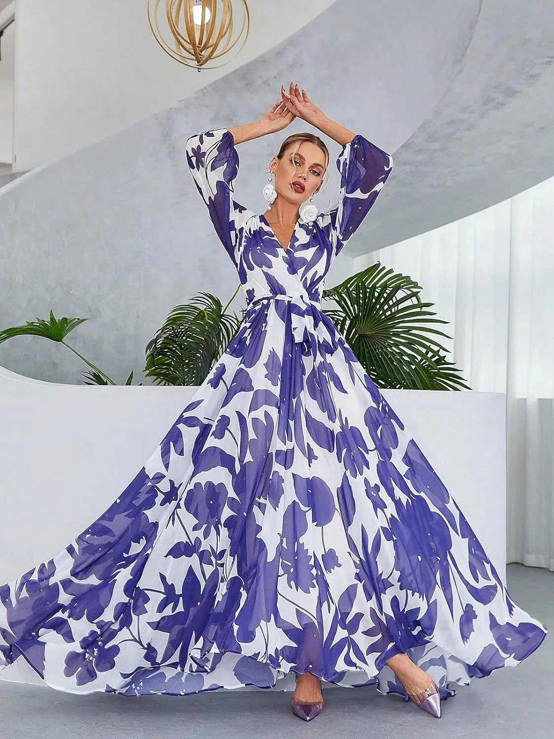 TOLEEN Summer Casual Dresses for Women 2024 Spring Fashion Boho V Neck Long Sleeve Ruffle Floral Print Elegant Maxi Dress