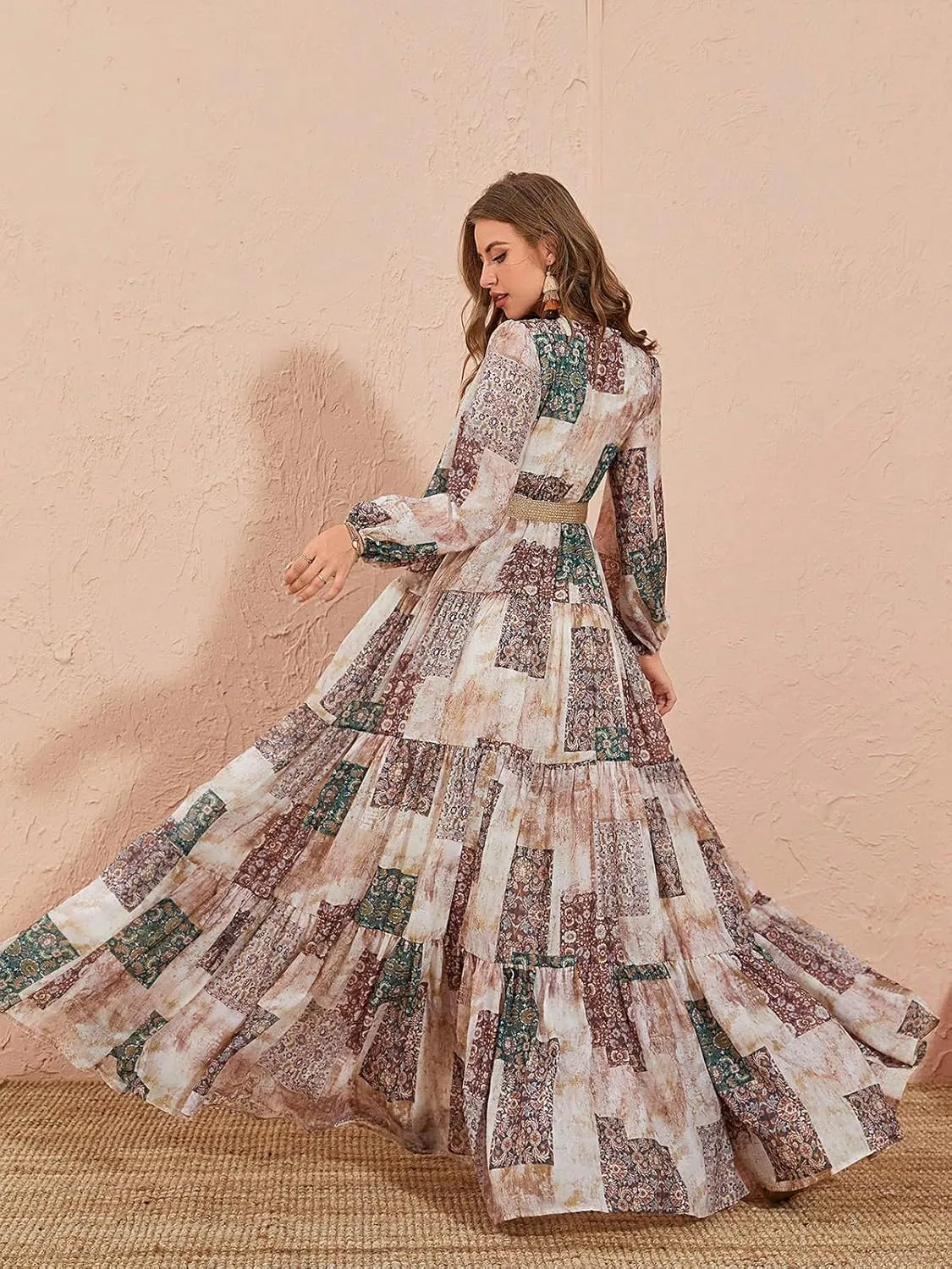 TOLEEN Summer Casual Dresses for Women 2024 Spring Fashion Boho V Neck Long Sleeve Ruffle Floral Print Elegant Maxi Dress