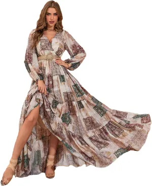 TOLEEN Summer Casual Dresses for Women 2024 Spring Fashion Boho V Neck Long Sleeve Ruffle Floral Print Elegant Maxi Dress