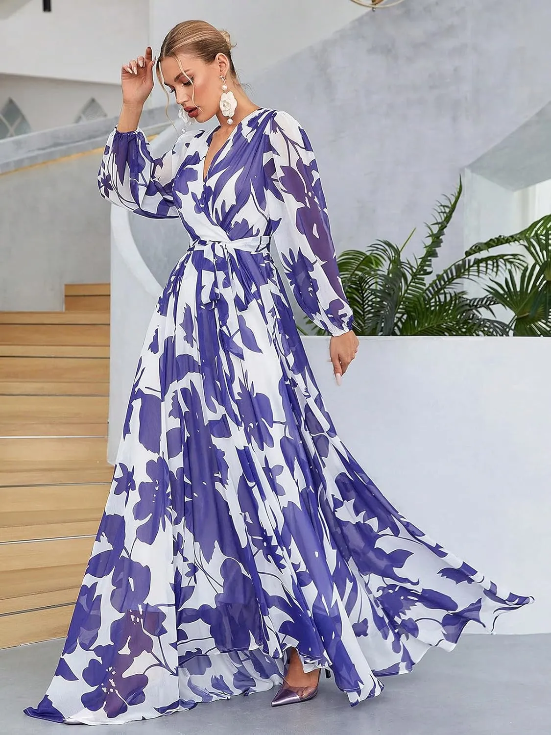 TOLEEN Summer Casual Dresses for Women 2024 Spring Fashion Boho V Neck Long Sleeve Ruffle Floral Print Elegant Maxi Dress