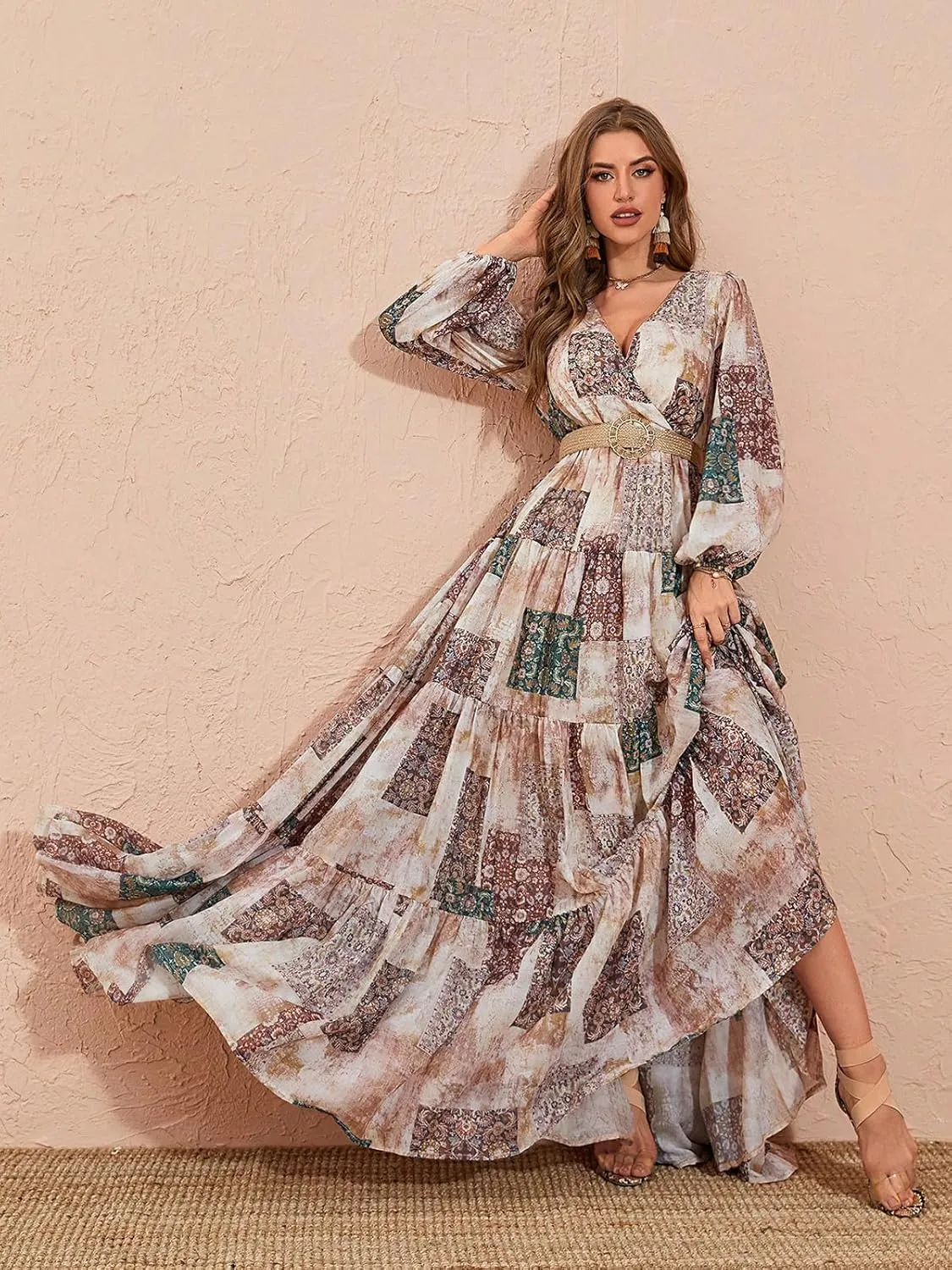 TOLEEN Summer Casual Dresses for Women 2024 Spring Fashion Boho V Neck Long Sleeve Ruffle Floral Print Elegant Maxi Dress